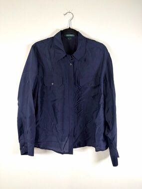 Ralph Lauren Lauren Silk Navy Button-Front Shirt
